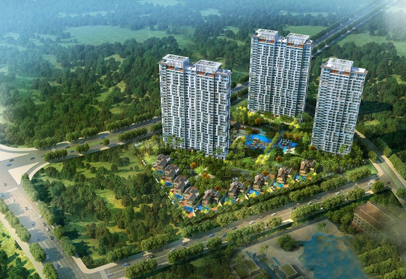 海棠中央鸟瞰图 海棠中央位于三亚市海棠湾区核心地段,占地约39284.23,建筑面积近8万,由百米地标公寓和独栋别墅组成。作为海棠湾内少有的拥有70年产权的住宅项目,海棠中央内部设有超市、会所、健身房、咖啡馆等配套,景观视野非常丰富,可欣赏到小区园林景观、酒店的园景、河景以及海景。