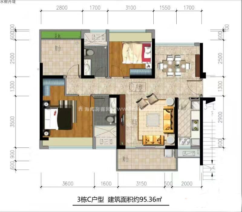 儋州水榭丹堤项目三期在售88-171平户型 现毛坯均价约9500元/平