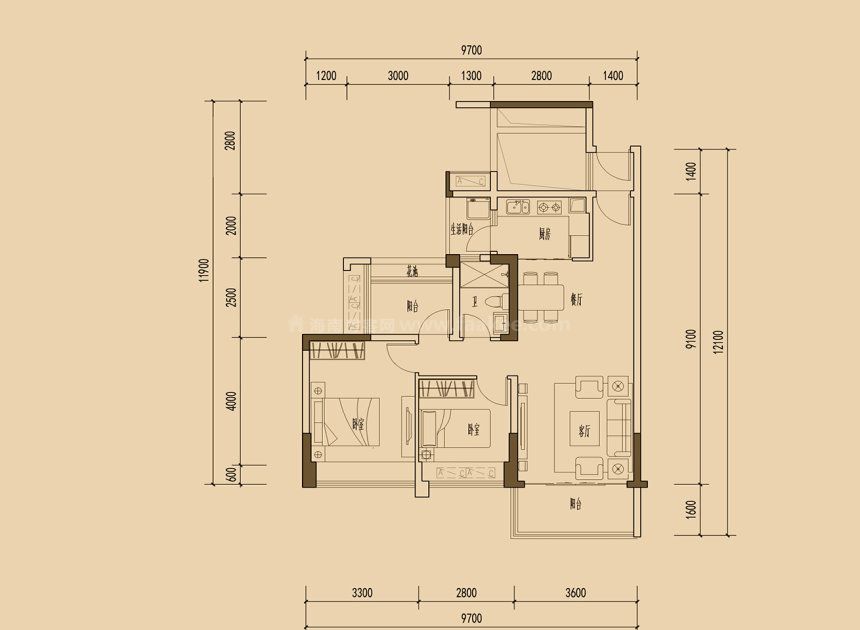 天睿南区馨睿1栋02户型 4房2厅1卫 建面86㎡