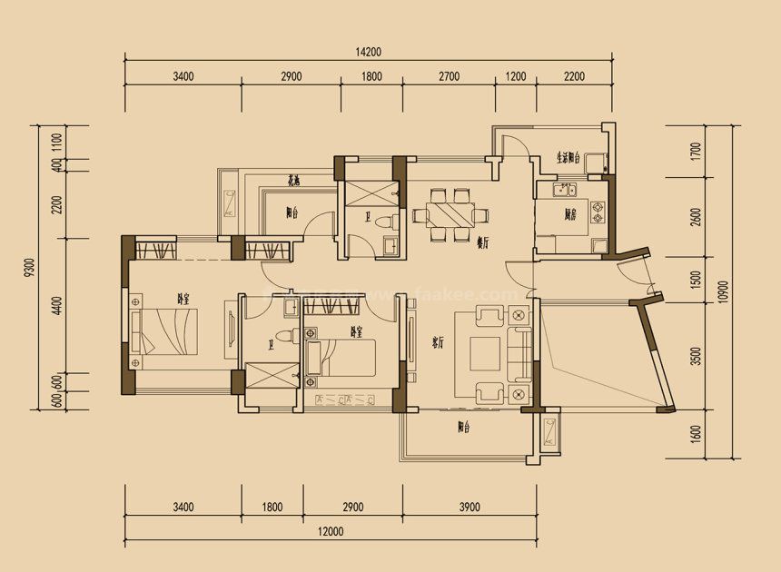 天睿南区雅睿1栋03户型 4房2厅2卫 建面108㎡