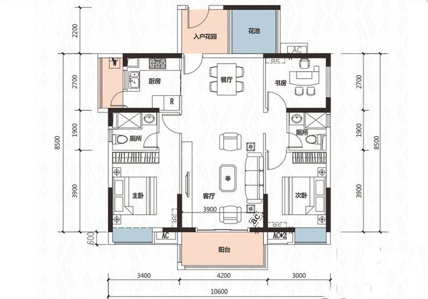 五期11-14栋b户型 3室2厅2卫 建面114平米