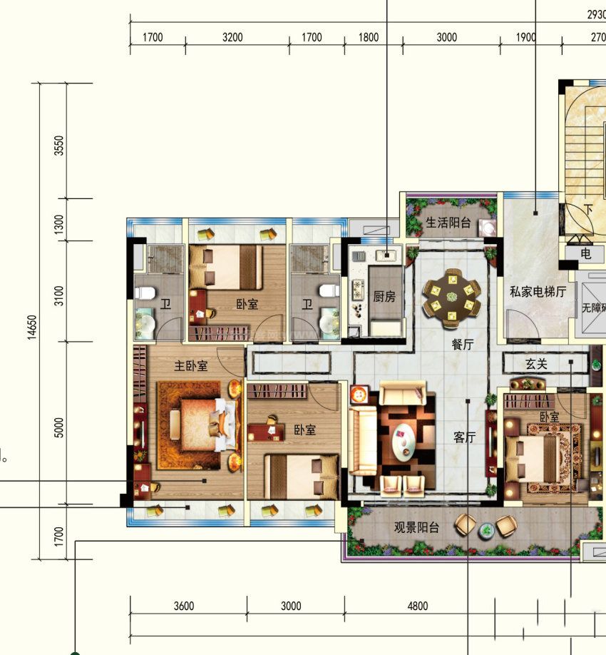 yj140户型, 4室2厅2卫1厨, 建筑面积约143.00平米