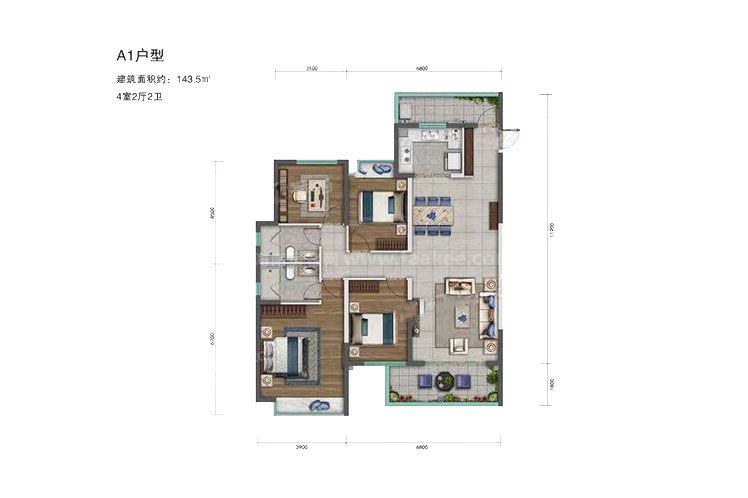 a1户型 4室2厅2卫1厨 建筑面积:143.50㎡