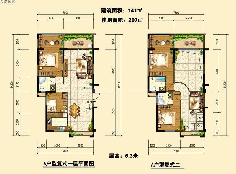 金島國際複式公寓a戶型圖 4室3廳3衛1廚141㎡