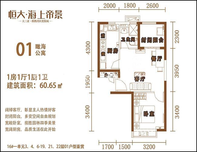 恒大海上帝景01戶型瞰海公寓1房1廳1廚1衛60.65㎡