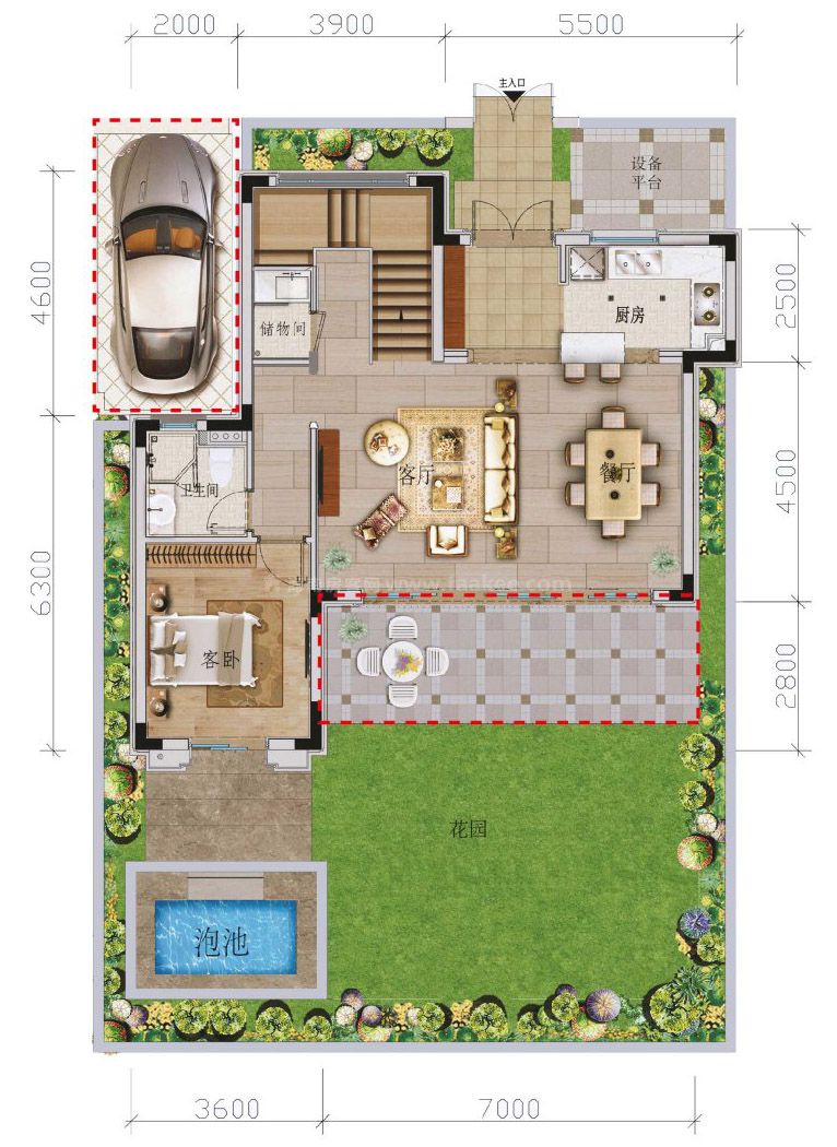 b户型 独栋别墅 4室2厅3卫1厨(一层)建筑面积约138.00平