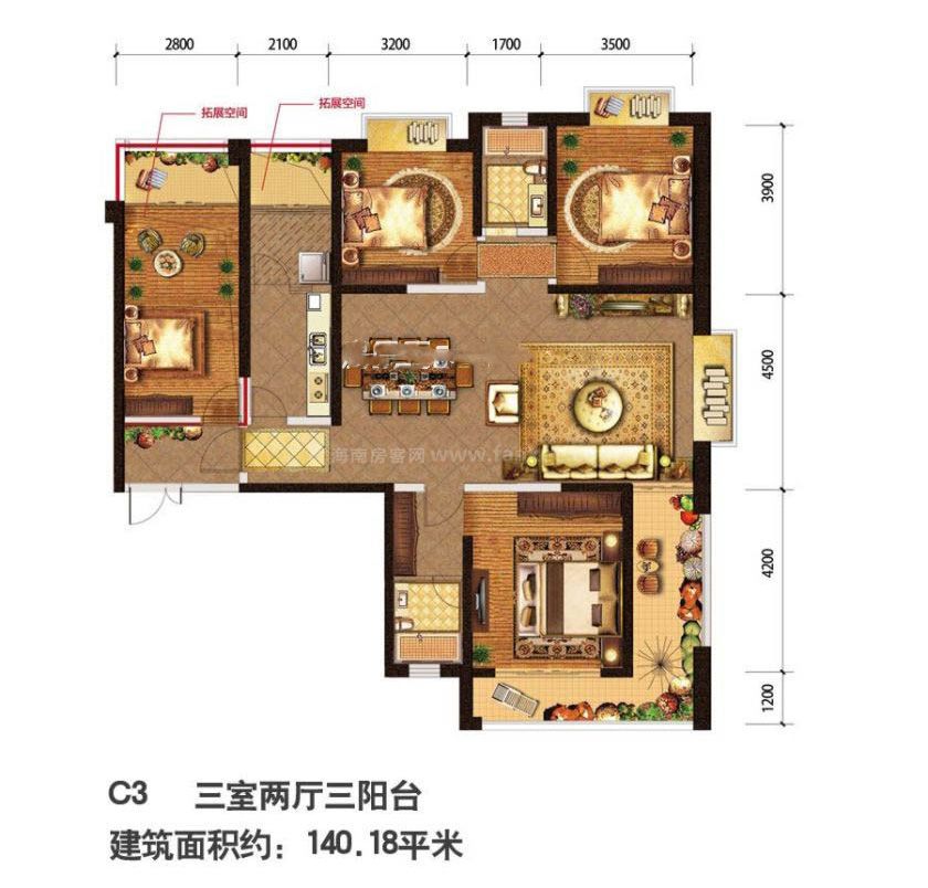 红星紫郡c3户型 3室2厅2卫1厨 建面:140㎡