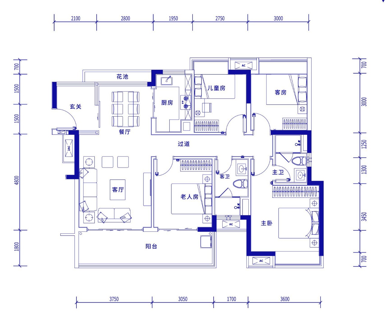 d1户型 四房两厅两卫 建面121㎡