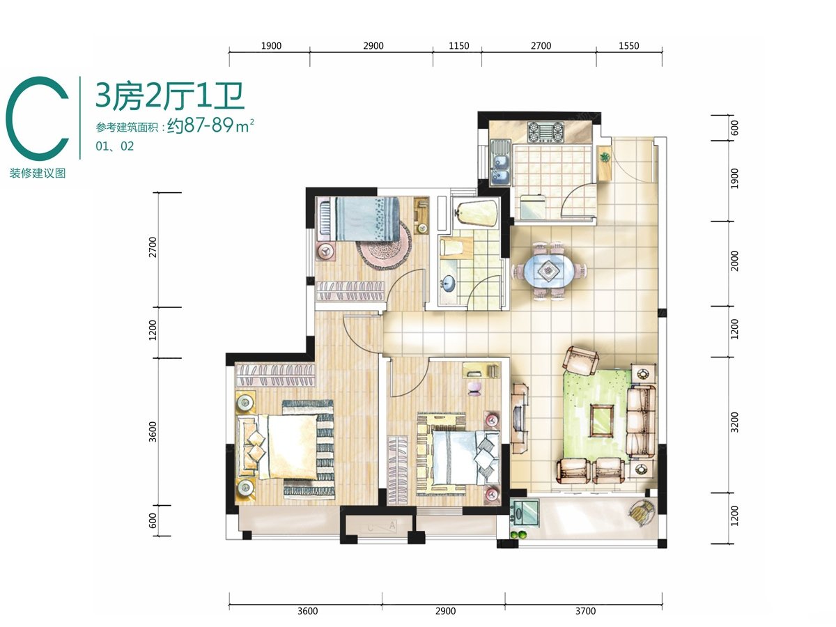 c户型 3室2厅1卫 建面约87-89㎡