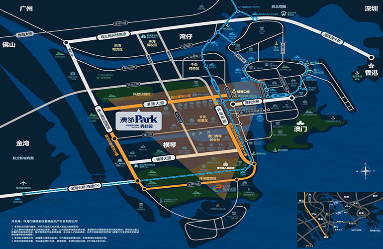 位於珠海市橫琴自貿區港澳大道與開新七道交匯處,踞守橫琴島中軸位置