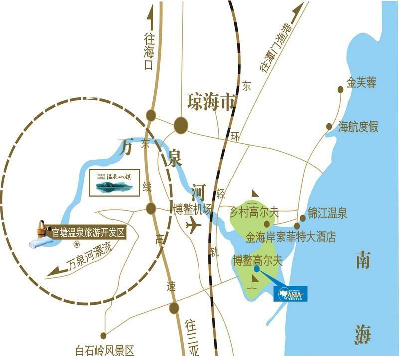 瓊海市,經東線高速公路距省會海口市80公里,距熱帶旅遊之都三亞市168